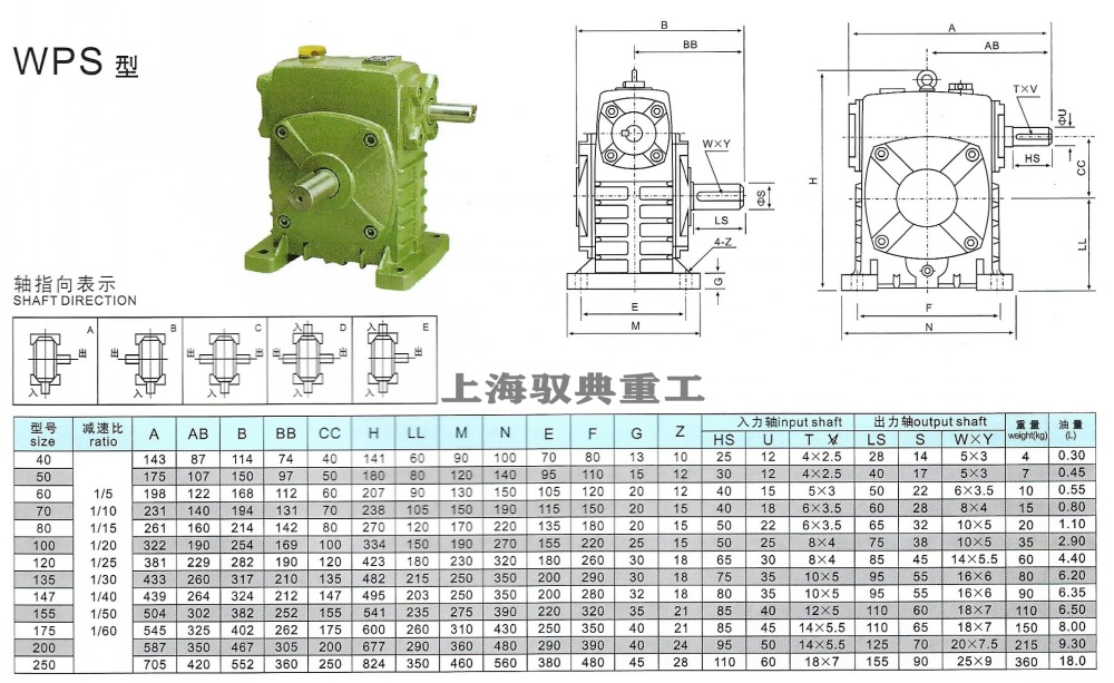 WPS40/50/60/70/80/100/120蝸輪蝸桿減速機參數大全